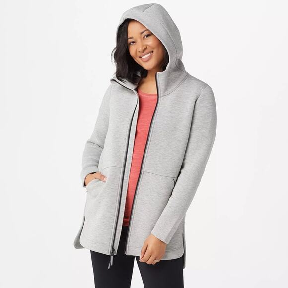 ZUDA QVC Zip-Front Hooded Scuba Jacket Gray Black Knit Athleisure Light Medium - Picture 1 of 16